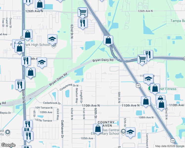 map of restaurants, bars, coffee shops, grocery stores, and more near 11491 60th Lane North in Pinellas Park