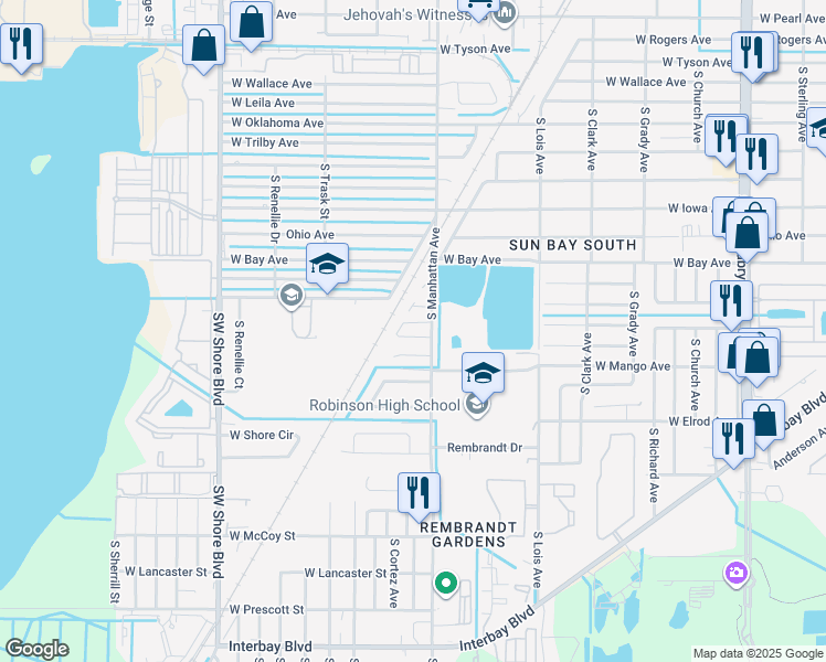map of restaurants, bars, coffee shops, grocery stores, and more near 6235 South Manhattan Avenue in Tampa