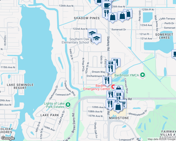 map of restaurants, bars, coffee shops, grocery stores, and more near 9101 Southern Comfort Drive in Largo
