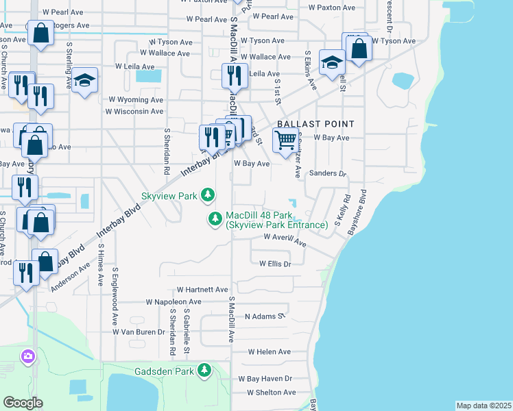 map of restaurants, bars, coffee shops, grocery stores, and more near 6306 South MacDill Avenue in Tampa