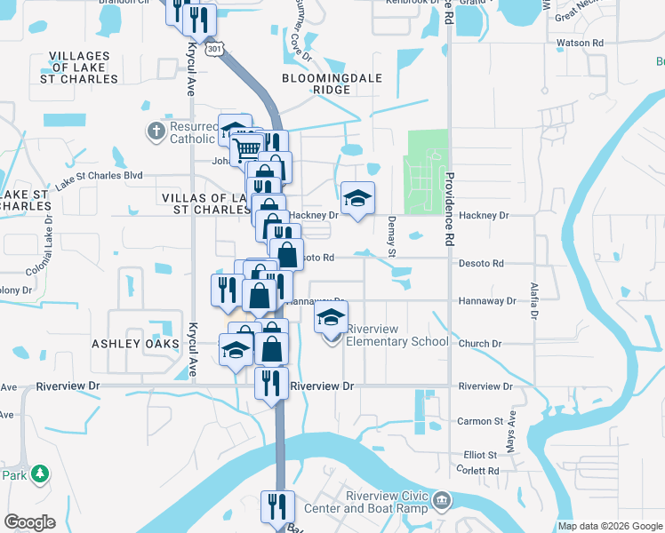 map of restaurants, bars, coffee shops, grocery stores, and more near 10804 Desoto Road in Riverview