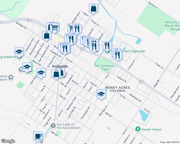 map of restaurants, bars, coffee shops, grocery stores, and more near 2825 Avenue G in Ingleside