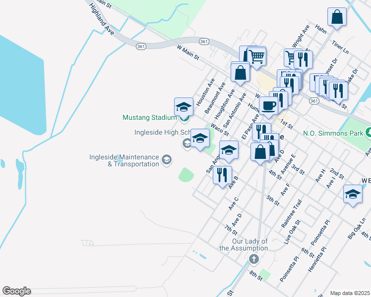 map of restaurants, bars, coffee shops, grocery stores, and more near 2807 Mustang Drive in Ingleside