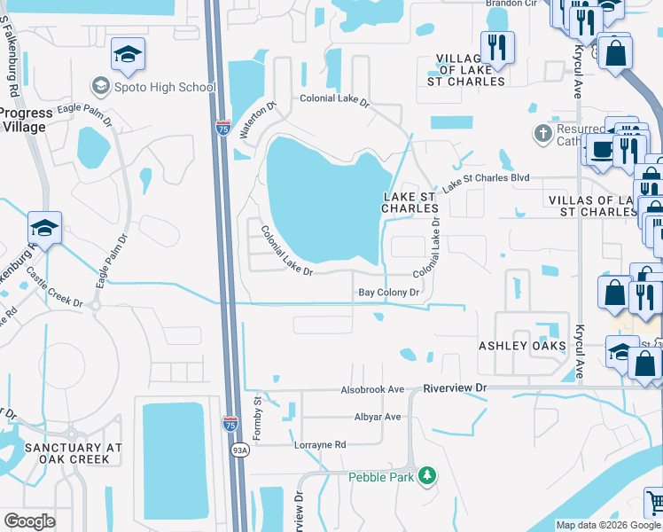 map of restaurants, bars, coffee shops, grocery stores, and more near 7205 Colonial Lake Drive in Riverview