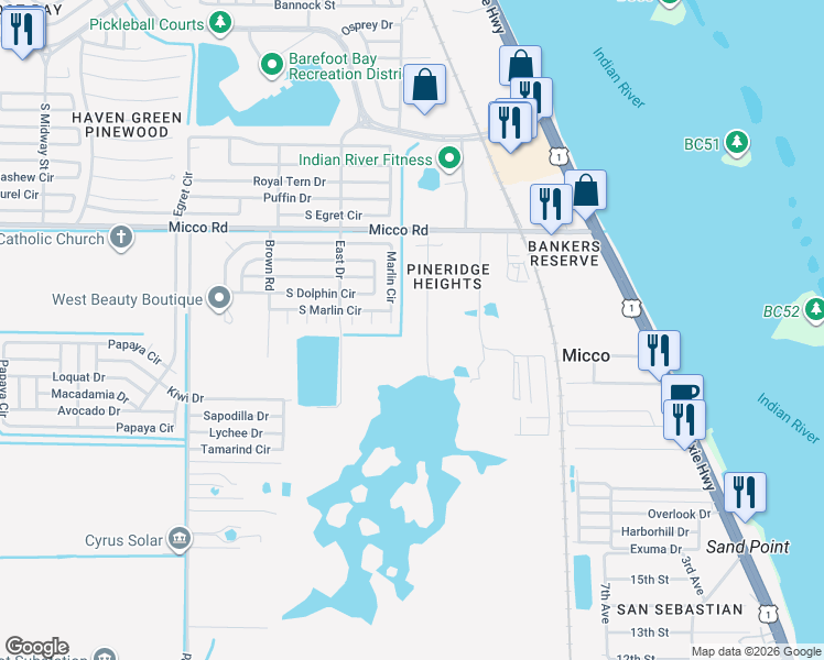 map of restaurants, bars, coffee shops, grocery stores, and more near 8240 Pine Ridge Trail in Sebastian