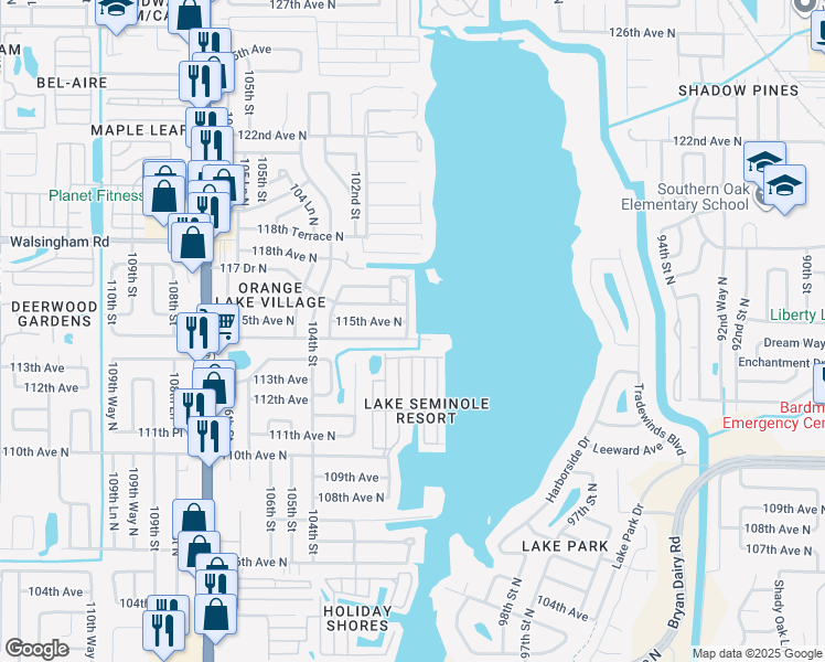 map of restaurants, bars, coffee shops, grocery stores, and more near 11451 101st Street North in Largo
