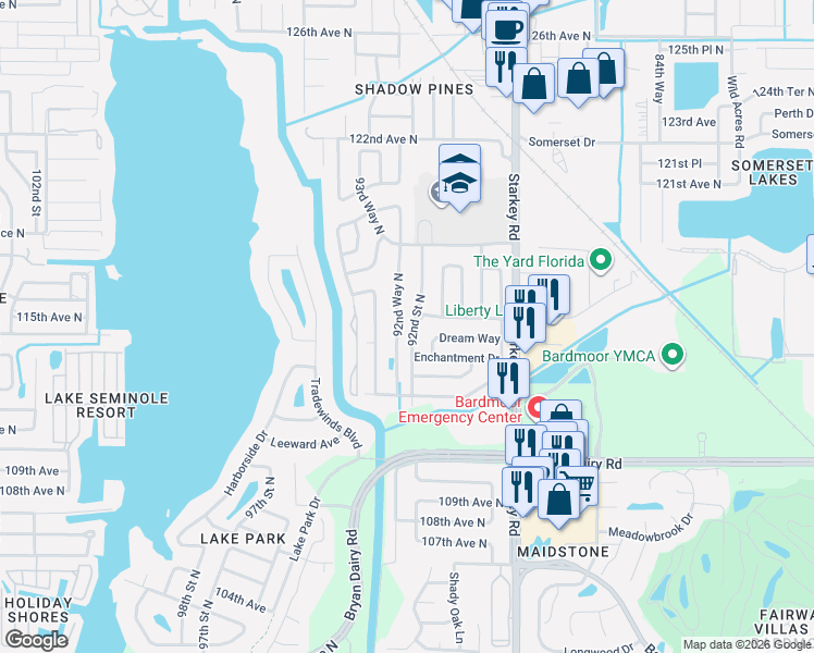 map of restaurants, bars, coffee shops, grocery stores, and more near 11547 92nd Way North in Largo