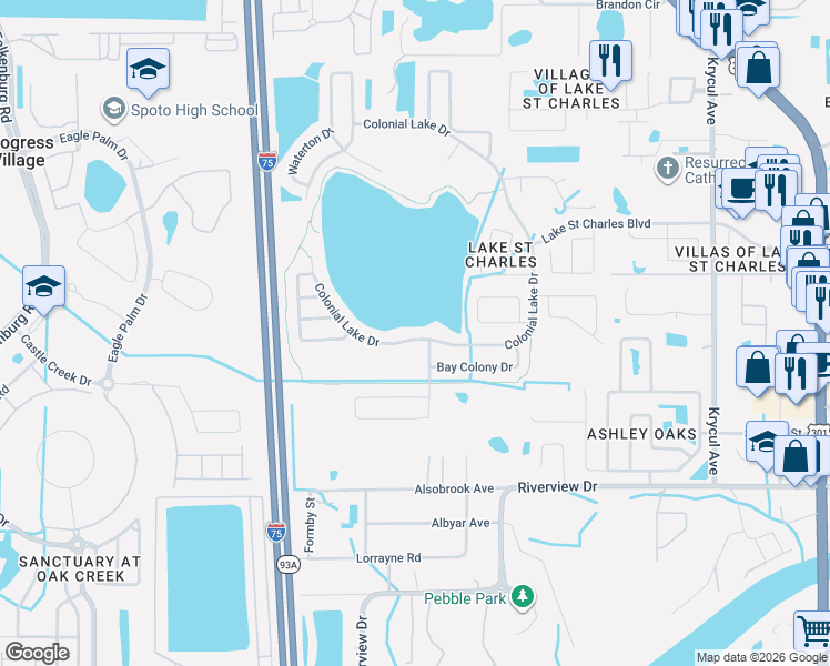 map of restaurants, bars, coffee shops, grocery stores, and more near 7205 Colonial Lake Drive in Riverview