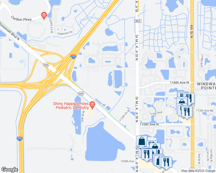 map of restaurants, bars, coffee shops, grocery stores, and more near 11400 16th Court North in St. Petersburg