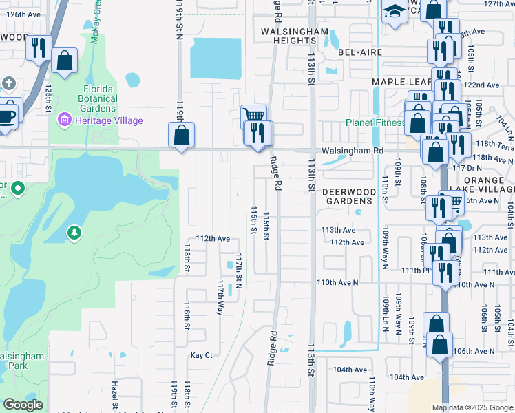 map of restaurants, bars, coffee shops, grocery stores, and more near 11496 115th Street in Largo