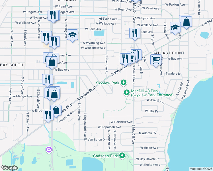 map of restaurants, bars, coffee shops, grocery stores, and more near 6305 South Selbourne Avenue in Tampa