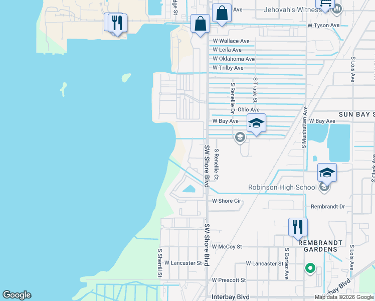 map of restaurants, bars, coffee shops, grocery stores, and more near 6301 Southwest Shore Boulevard in Tampa