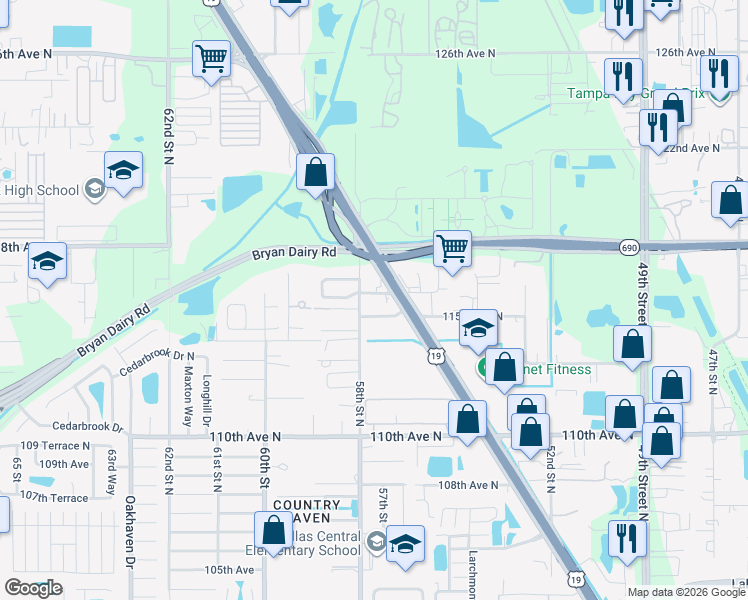map of restaurants, bars, coffee shops, grocery stores, and more near 5720 116th Avenue in Pinellas Park