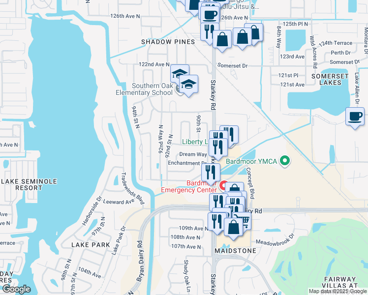 map of restaurants, bars, coffee shops, grocery stores, and more near 9101 Southern Comfort Drive in Largo