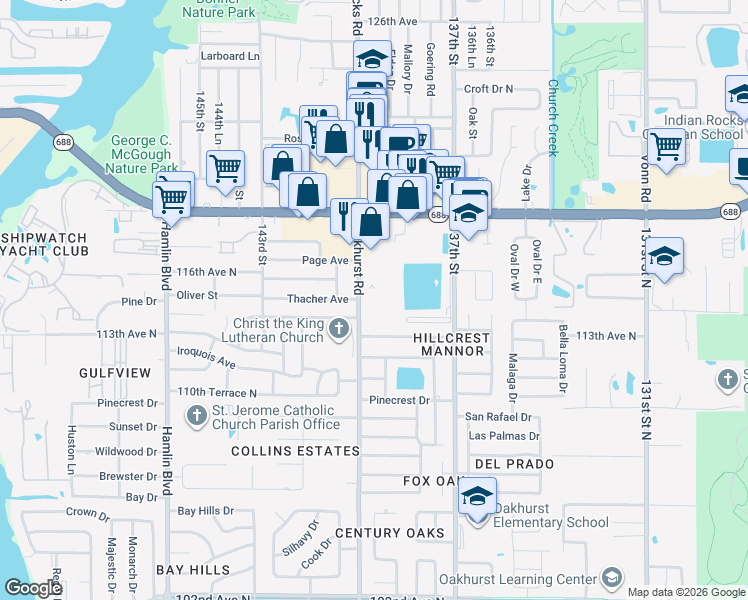map of restaurants, bars, coffee shops, grocery stores, and more near 11477 Oakhurst Road in Largo