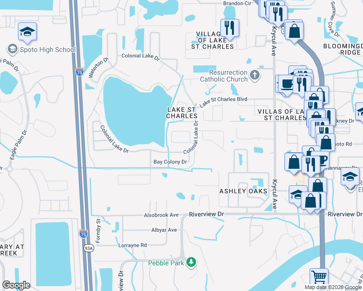 map of restaurants, bars, coffee shops, grocery stores, and more near 10045 Remington Drive in Riverview