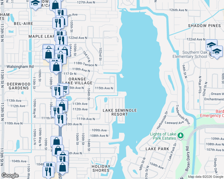 map of restaurants, bars, coffee shops, grocery stores, and more near 10132 115th Avenue North in Largo