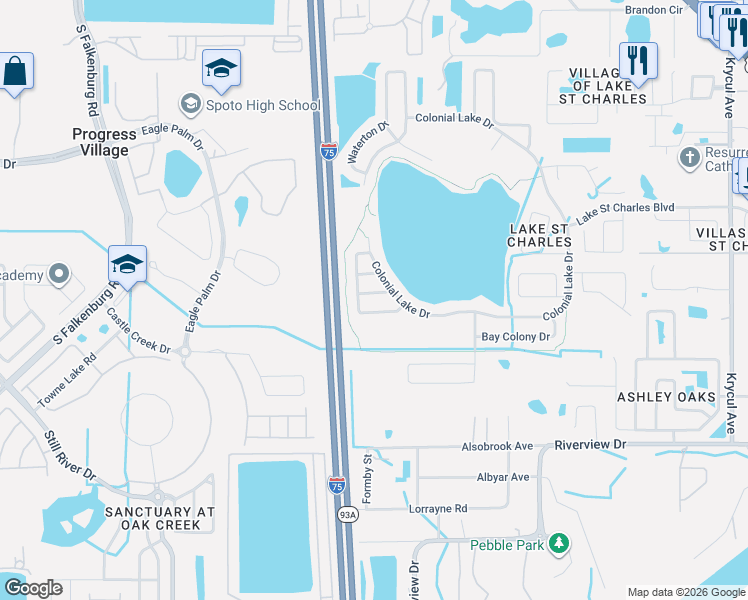 map of restaurants, bars, coffee shops, grocery stores, and more near 6801 Colonial Lake Drive in Riverview