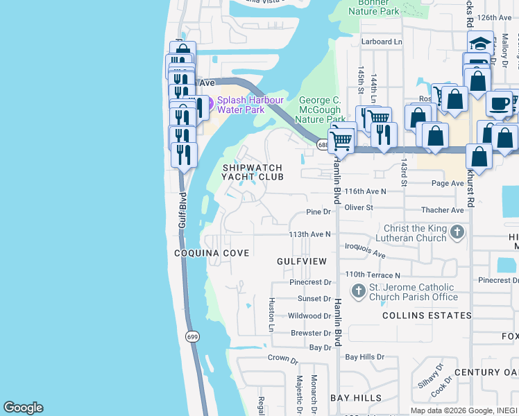 map of restaurants, bars, coffee shops, grocery stores, and more near 11455 Harbor Way in Largo