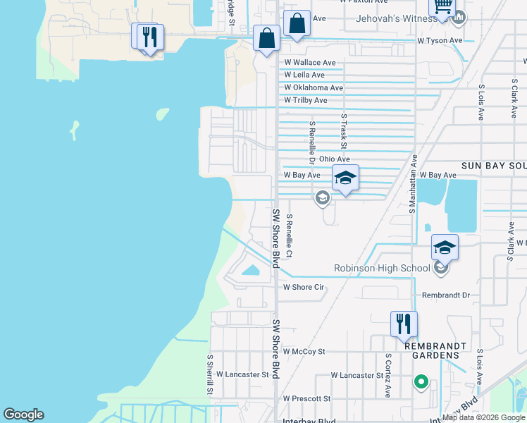 map of restaurants, bars, coffee shops, grocery stores, and more near 6301 Southwest Shore Boulevard in Tampa