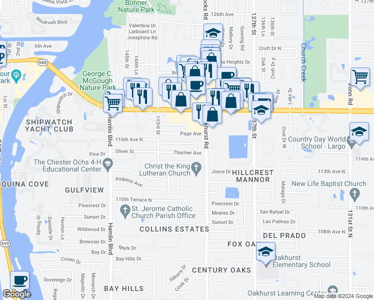 map of restaurants, bars, coffee shops, grocery stores, and more near 14119 Thacher Avenue in Largo