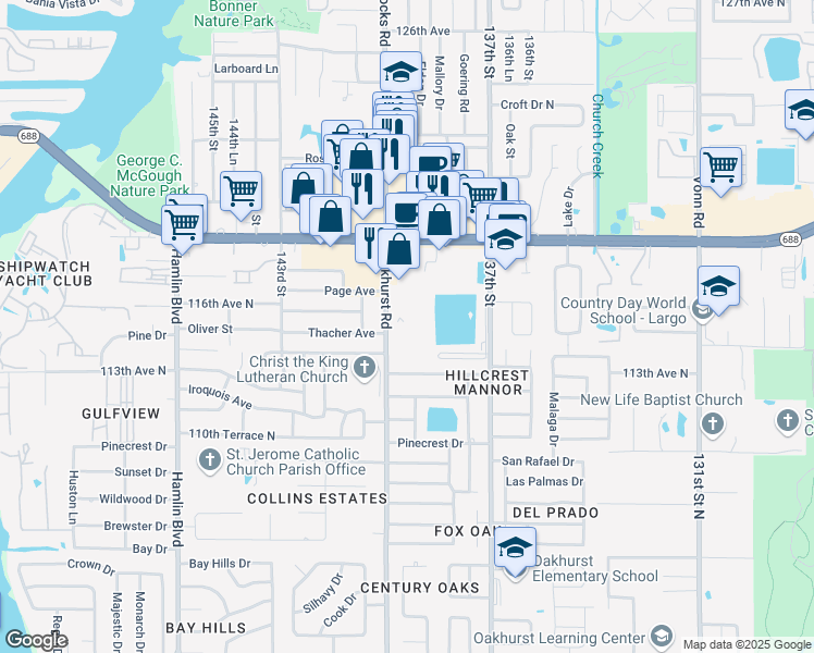 map of restaurants, bars, coffee shops, grocery stores, and more near 11477 Oakhurst Rd in Largo