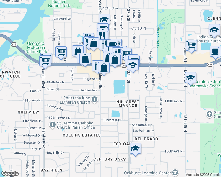 map of restaurants, bars, coffee shops, grocery stores, and more near 11477 Oakhurst Road in Largo