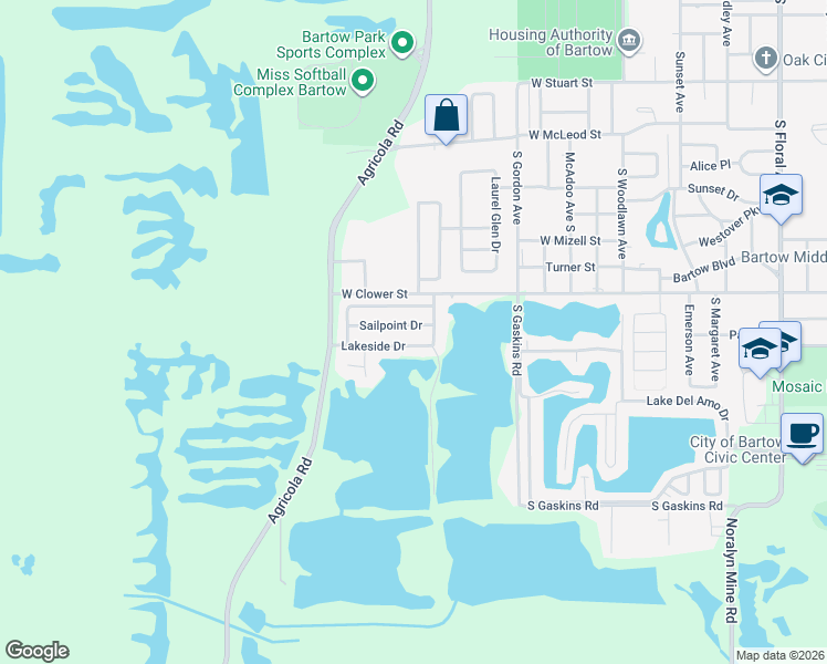 map of restaurants, bars, coffee shops, grocery stores, and more near 1545 Sailpoint Drive in Bartow