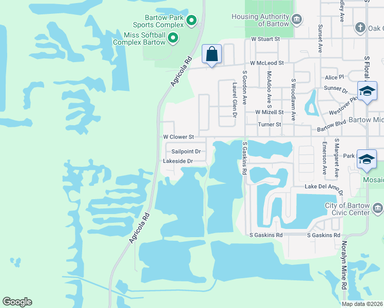 map of restaurants, bars, coffee shops, grocery stores, and more near 1545 Sailpoint Drive in Bartow