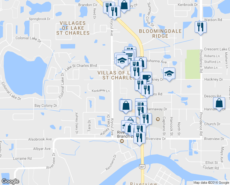 map of restaurants, bars, coffee shops, grocery stores, and more near 7014 Krycul Avenue in Riverview