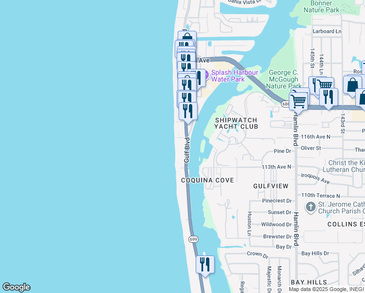 map of restaurants, bars, coffee shops, grocery stores, and more near 74 Gulf Boulevard in Indian Rocks Beach