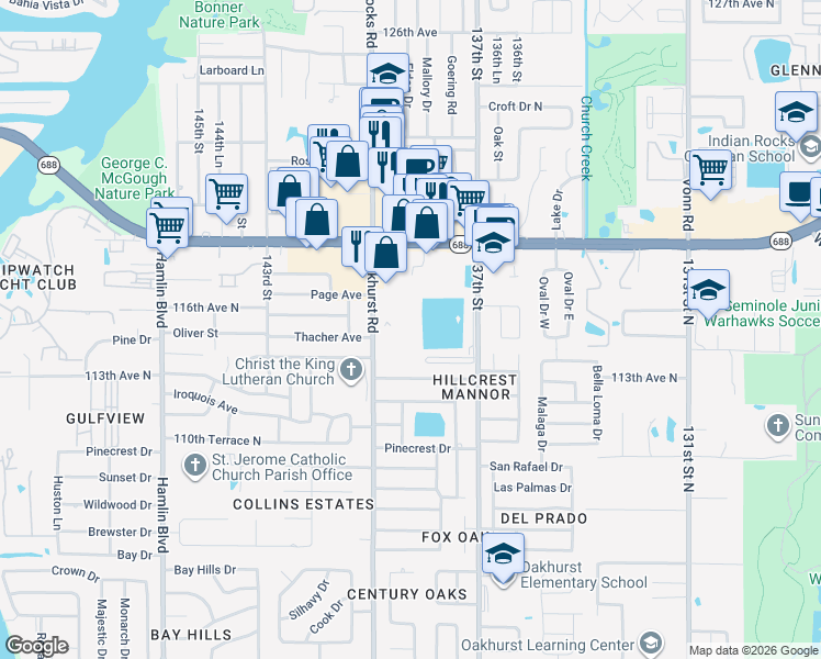 map of restaurants, bars, coffee shops, grocery stores, and more near 11477 Oakhurst Road in Largo