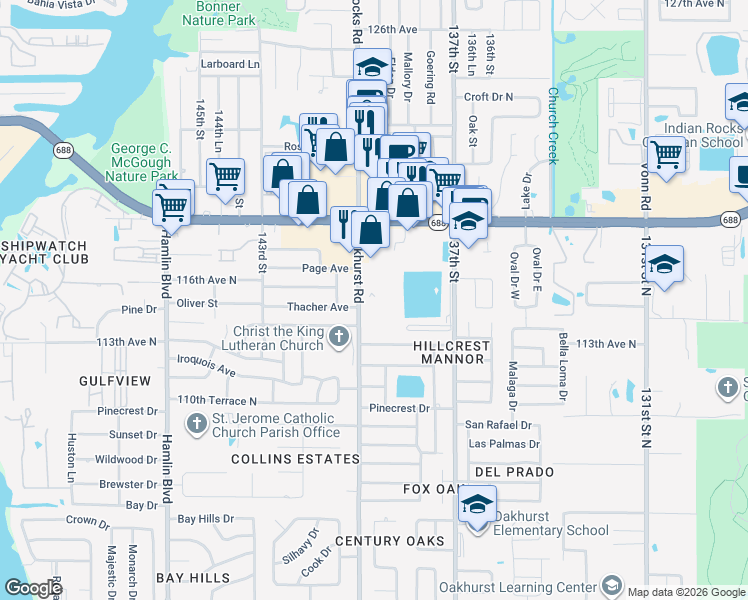 map of restaurants, bars, coffee shops, grocery stores, and more near 11477 Oakhurst Road in Largo