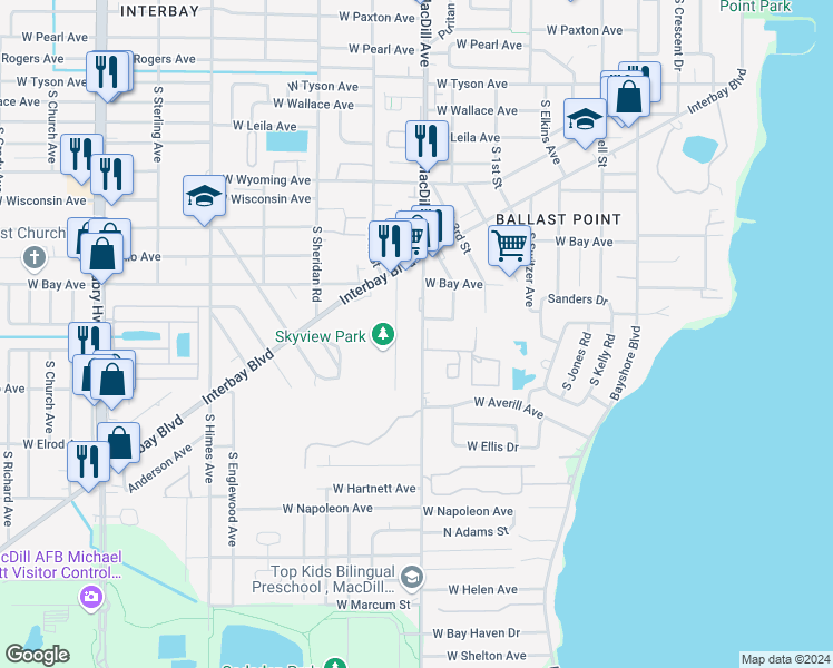 map of restaurants, bars, coffee shops, grocery stores, and more near 6307 South MacDill Avenue in Tampa