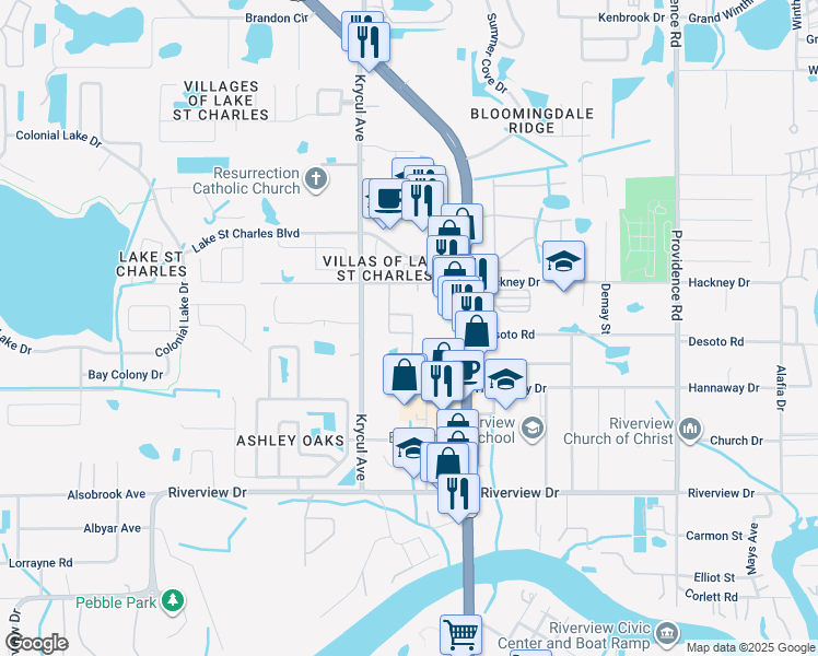 map of restaurants, bars, coffee shops, grocery stores, and more near 7120 Early Gold Lane in Riverview