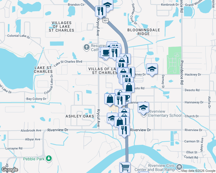 map of restaurants, bars, coffee shops, grocery stores, and more near 7114 Early Gold Lane in Riverview