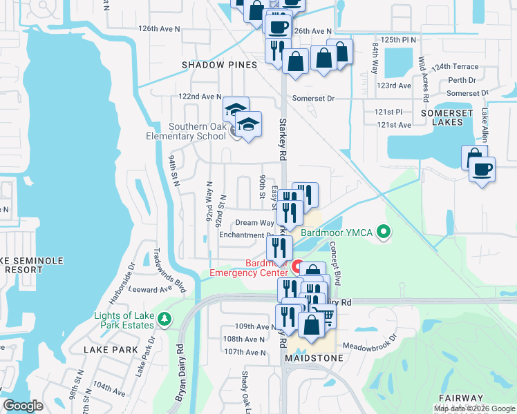 map of restaurants, bars, coffee shops, grocery stores, and more near 11500 90th Street in Largo