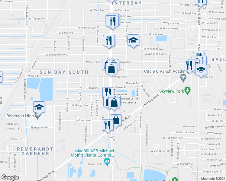map of restaurants, bars, coffee shops, grocery stores, and more near 6222 South Dale Mabry Highway in Tampa