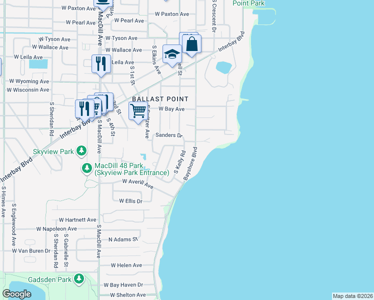 map of restaurants, bars, coffee shops, grocery stores, and more near 6206 South Kelly Road in Tampa