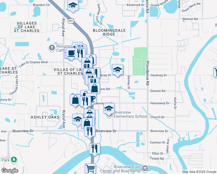 map of restaurants, bars, coffee shops, grocery stores, and more near 10804 Desoto Road in Riverview
