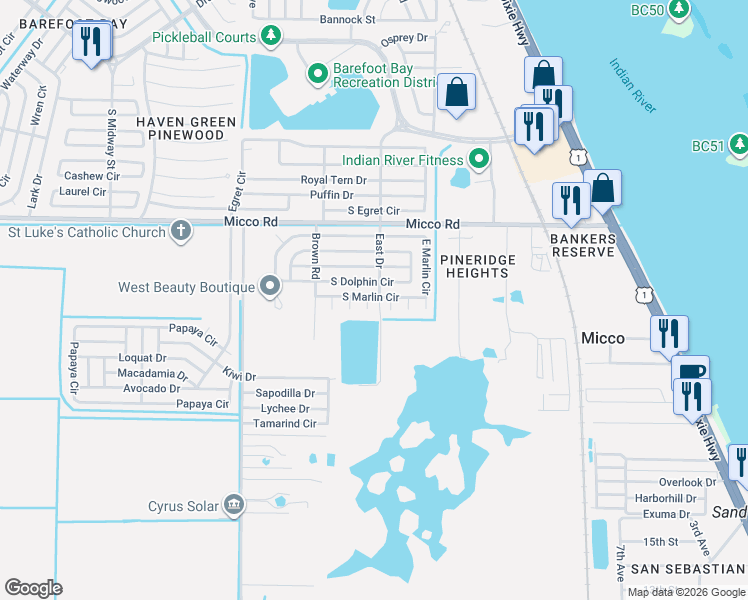 map of restaurants, bars, coffee shops, grocery stores, and more near 201 Cobia Court in Sebastian