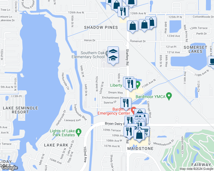 map of restaurants, bars, coffee shops, grocery stores, and more near 9101 Southern Comfort Drive in Largo