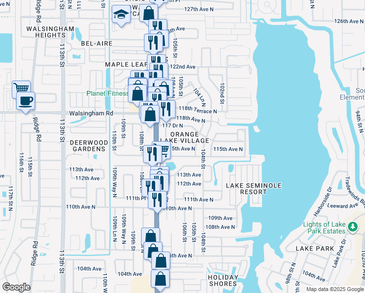 map of restaurants, bars, coffee shops, grocery stores, and more near 10487 115th Avenue North in Largo