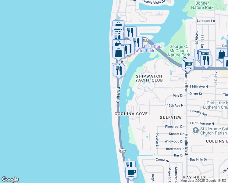 map of restaurants, bars, coffee shops, grocery stores, and more near 76 Gulf Boulevard in Indian Rocks Beach
