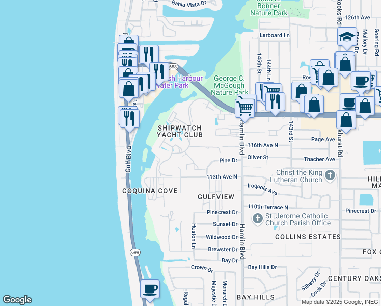 map of restaurants, bars, coffee shops, grocery stores, and more near 11455 Harbor Way in Largo