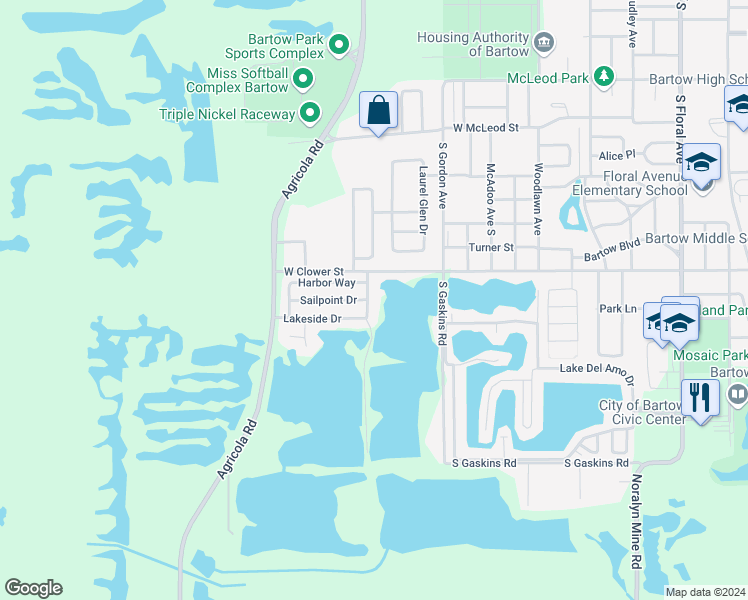 map of restaurants, bars, coffee shops, grocery stores, and more near 1750 Sunrise Drive in Bartow