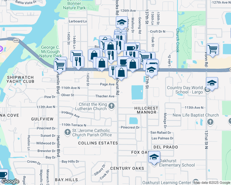 map of restaurants, bars, coffee shops, grocery stores, and more near 11475 Cardinal Way in Largo