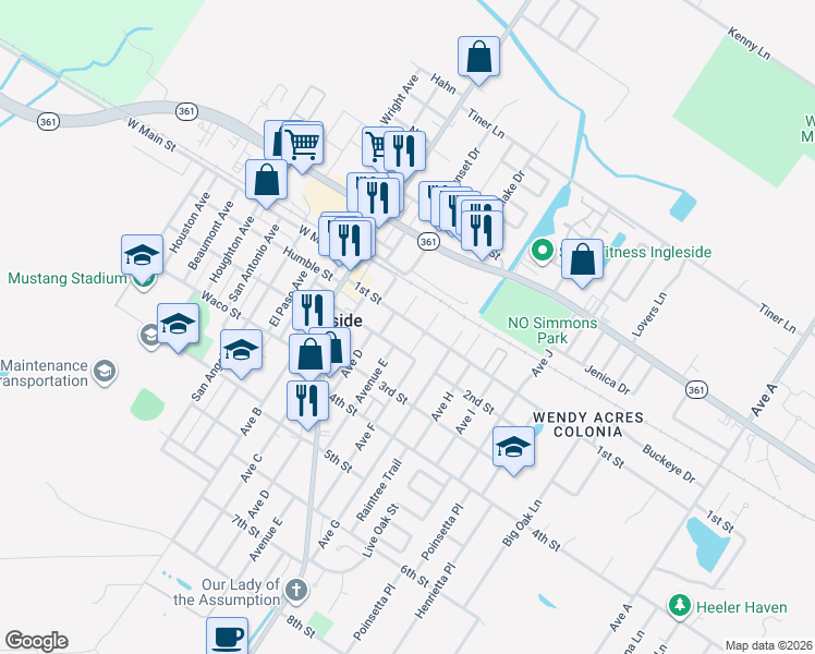 map of restaurants, bars, coffee shops, grocery stores, and more near 2485 1st Street in Ingleside