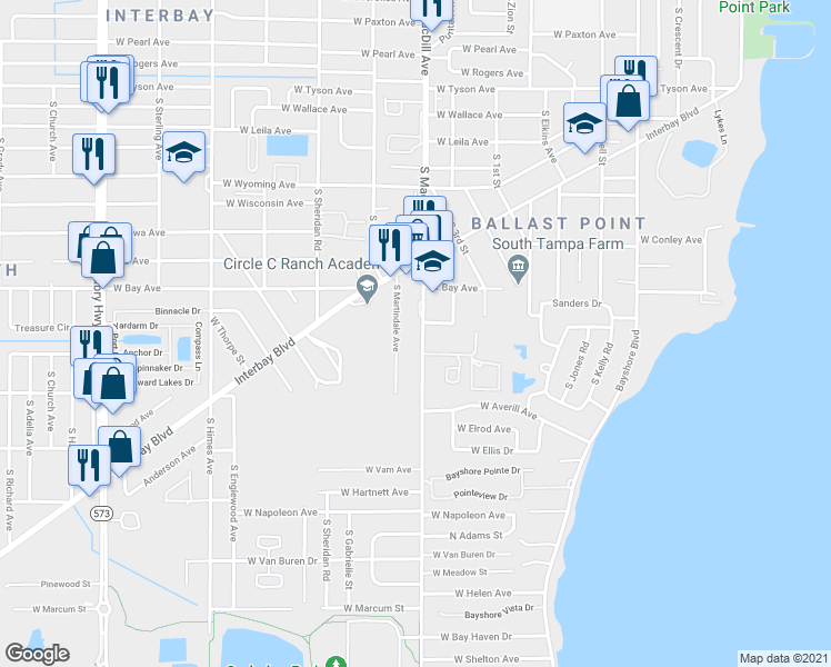map of restaurants, bars, coffee shops, grocery stores, and more near 6305 South MacDill Avenue in Tampa