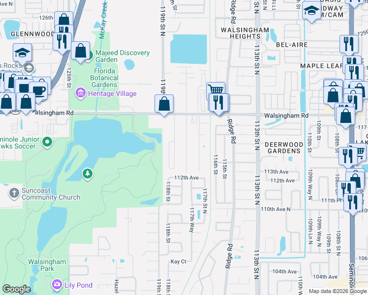 map of restaurants, bars, coffee shops, grocery stores, and more near 11520 Murray Avenue in Largo